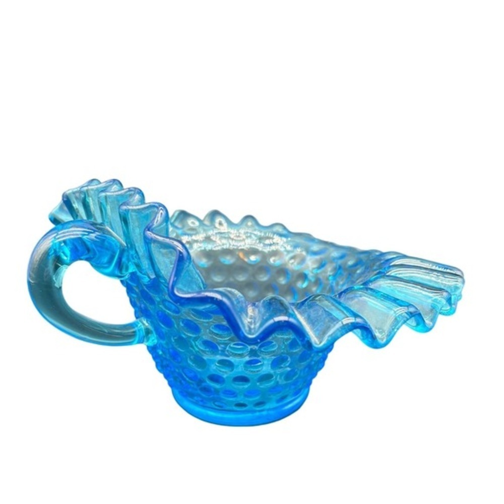 Blue Hobnail Glass‎ Ruffled Creamer Pitcher Dish Vintage